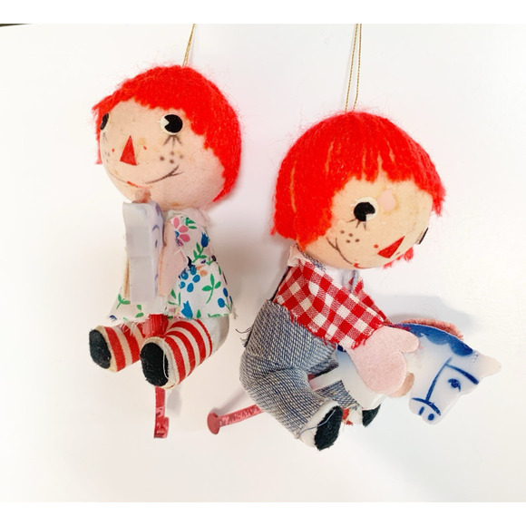 Vtg Raggedy Ann & Andy Riding Hobby Horses Christmas Ornaments Felt Hong Kong - Picture 5 of 9